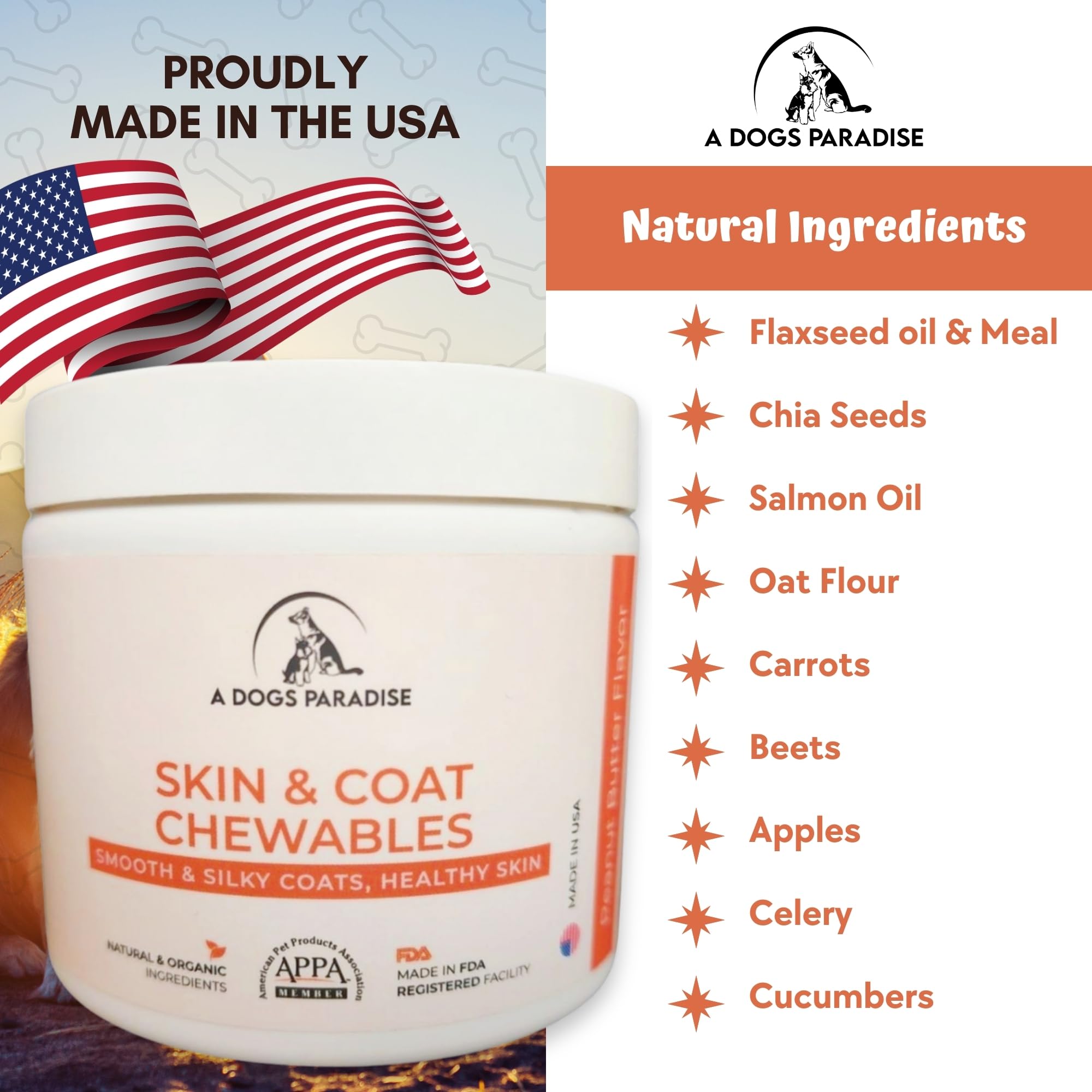 New Skin & Coat Chewables. Skin & Allergy Relief - Salmon Oil + EPA, DHA, 500mg of Omega 3. Healthier Skin, & Heart Health. Cold-Pressed, Made in The USA with All-Natural Organic Ingredients.