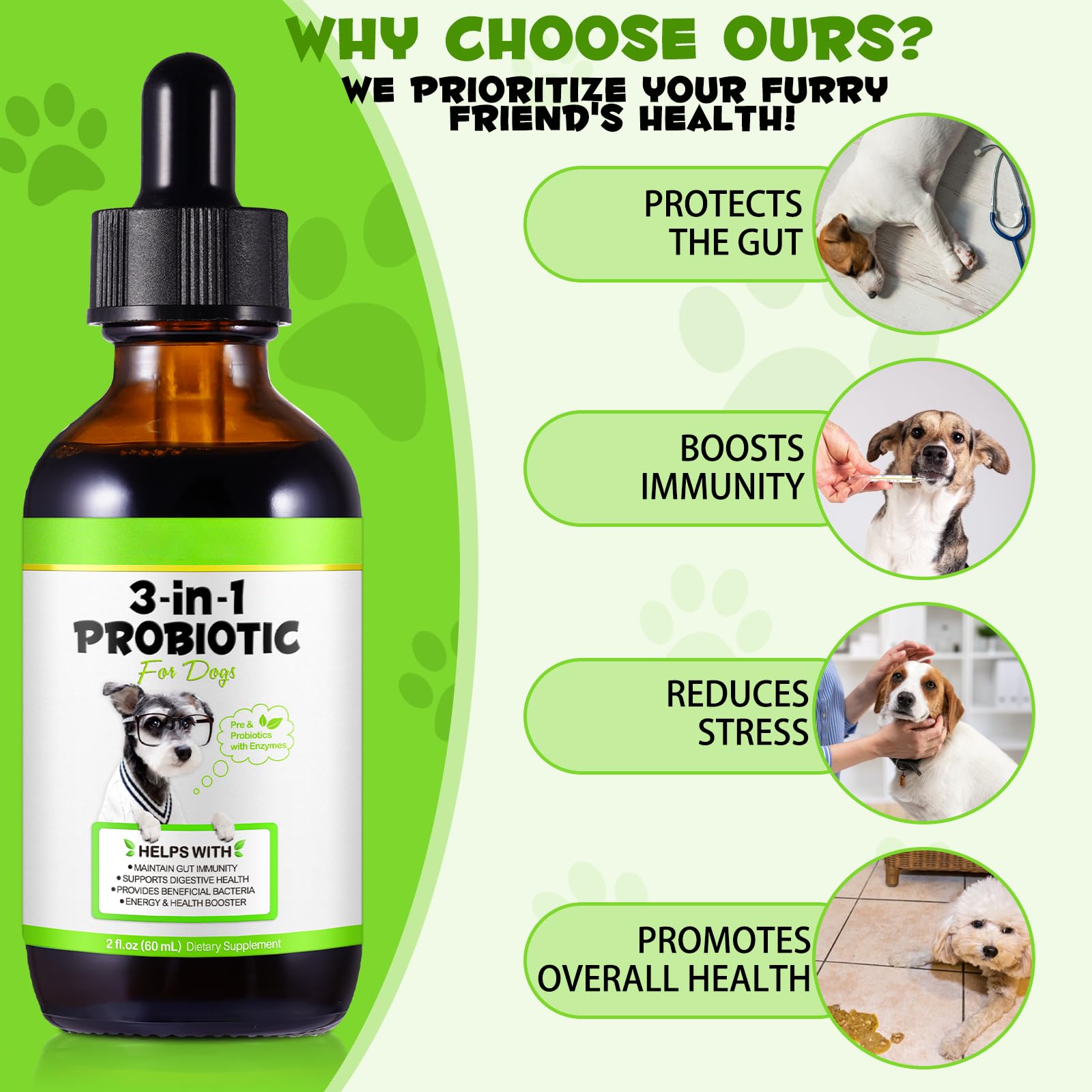 Probiotics for Dogs, 3 in 1 Dog Probiotic and Digestive Enzymes for Pet, Supports Gut Health, Itchy Skin, Allergies, Immunity, Liquid Probiotics for for All Ages and Breeds Dogs