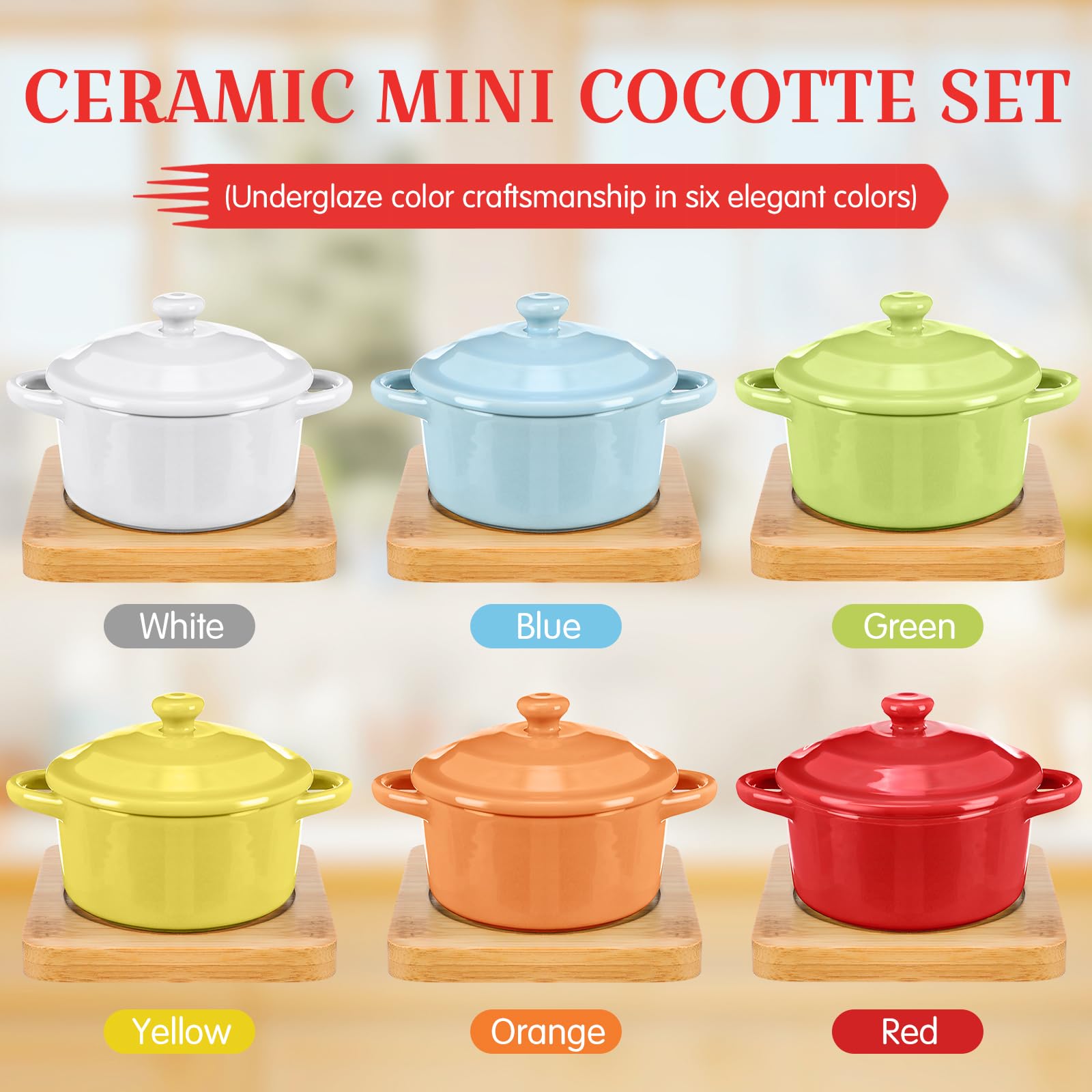 Mimorou 6 Set 7 oz Ceramic Mini Cocotte Set with Lid and Wooden Base Pumpkin Bowl Set with Handle Ceramic Soup Bowls Baking Ramekins Round Casserole for Home Thanksgiving Pumpkin Dish (Colorful)