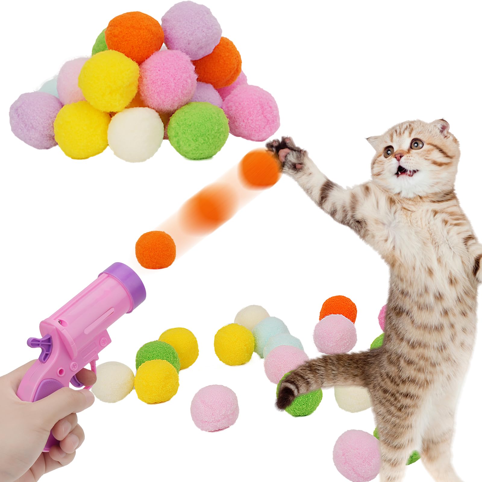 C-PASSION Cat Ball Toy Launcher Gun,Cat Balls Fetch Toy,50Pcs Plush Fuzzy Balls Launcher Cat Toy for Cats,Cute Kitten Kitty Toys,Funny Interactive Cat Toys for Bored Indoor Adult Cats