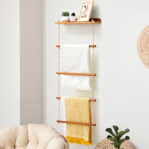 briwooody 5 layer farmhouse wooden blanket ladder 2 in 1 towel racks decorative rustic wall wood shelf blanket holder quilt towel holder rack for bathroom living room bedroom(natural color)