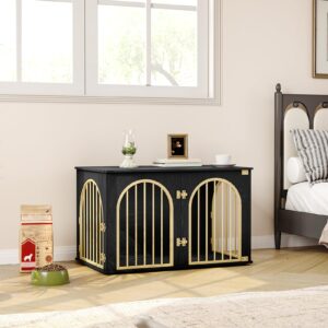 Hzuaneri 39.4'' Wooden Dog Crate Furniture TV Stand, Indoor Dog Kennel for Small/Medium/Large Dogs, End Side Table Dog Crates, Anti-Chew, Anti-Escape, Arched Door Design, Black Gold DFC84104A