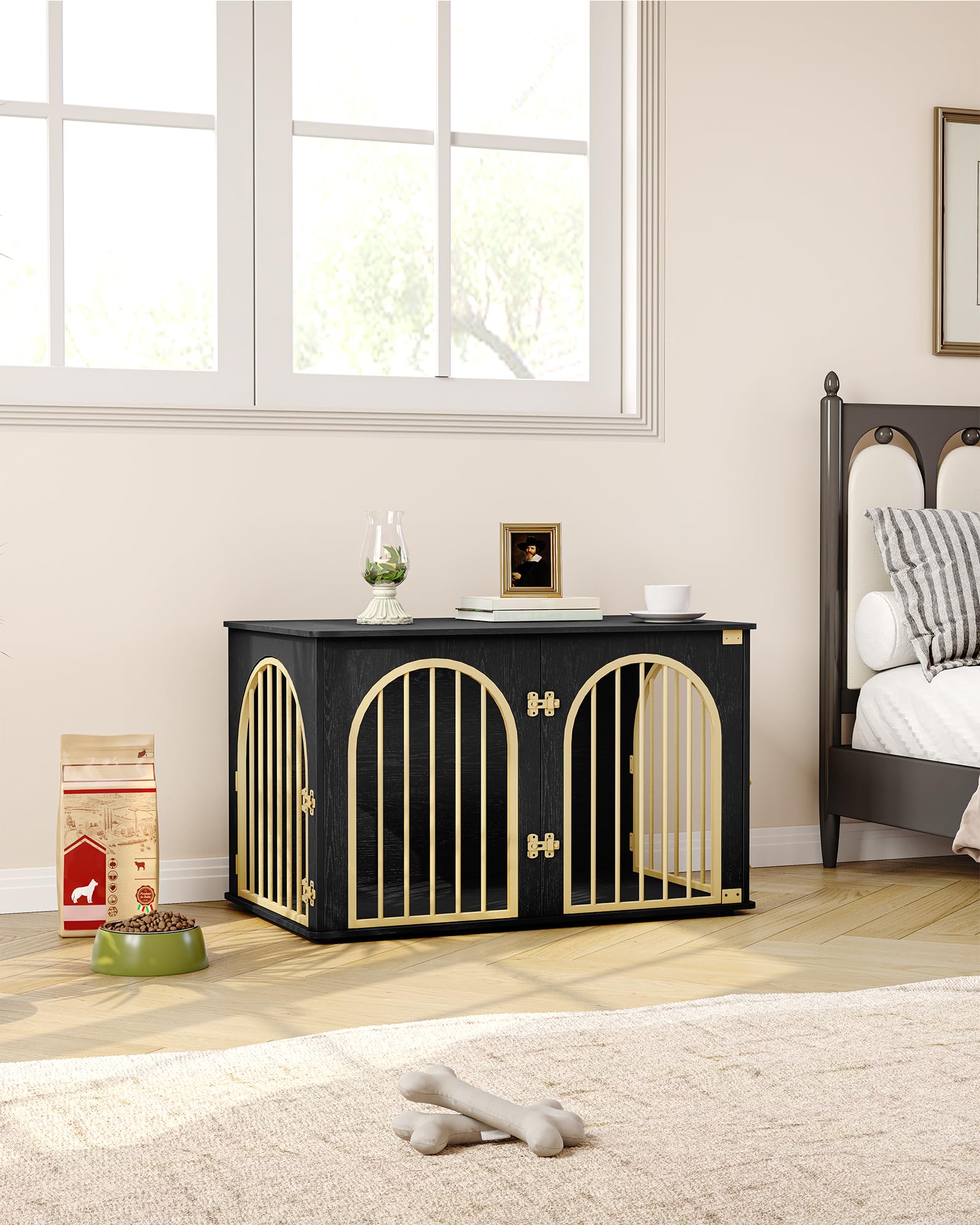 Hzuaneri 39.4'' Wooden Dog Crate Furniture TV Stand, Indoor Dog Kennel for Small/Medium/Large Dogs, End Side Table Dog Crates, Anti-Chew, Anti-Escape, Arched Door Design, Black Gold DFC84104A