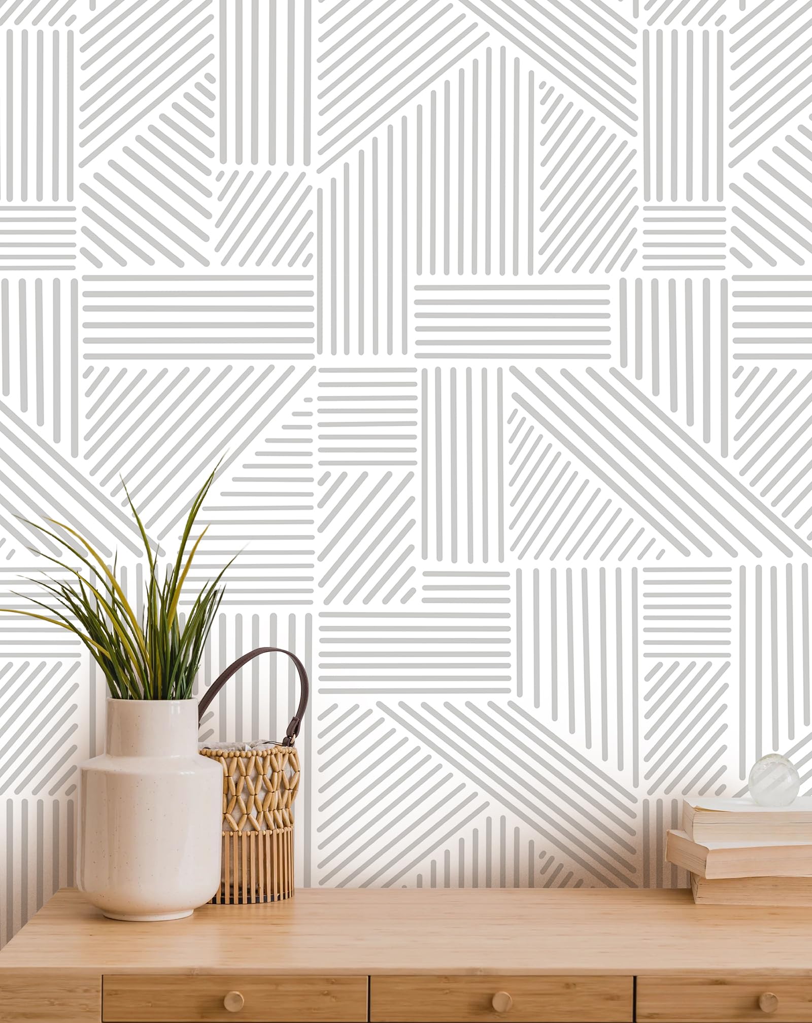 Tomete Gray and White Wallpaper Geometric Wallpaper Peel and Stick Wallpaper Boho Modern Geometric Contact Paper for Cabinets Removable Line Bathroom Wallpaper Waterproof Self-Adhesive17.3”×393”