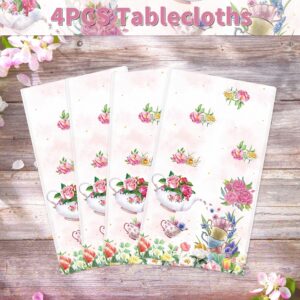 4 Pack Tea Party Decoration Floral Tea Party Tablecloth Tea Party Birthday Supplies 86” x 51” Rectangle Plastic Spring Disposable Floral tea party Table Cover Baby Shower Floral Birthday Decorations