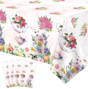 4 pack tea party decoration floral tea party tablecloth tea party birthday supplies 86” x 51” rectangle plastic spring disposable floral tea party table cover baby shower floral birthday decorations