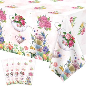 4 Pack Tea Party Decoration Floral Tea Party Tablecloth Tea Party Birthday Supplies 86” x 51” Rectangle Plastic Spring Disposable Floral tea party Table Cover Baby Shower Floral Birthday Decorations