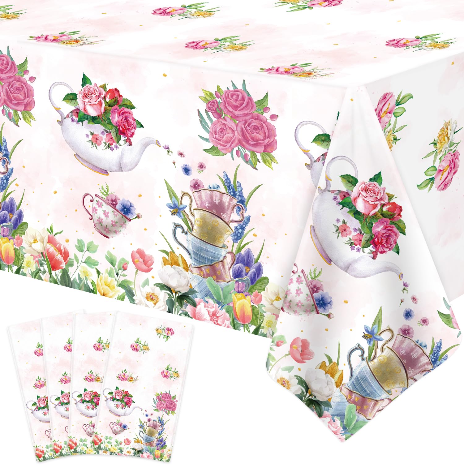 4 Pack Tea Party Decoration Floral Tea Party Tablecloth Tea Party Birthday Supplies 86” x 51” Rectangle Plastic Spring Disposable Floral tea party Table Cover Baby Shower Floral Birthday Decorations