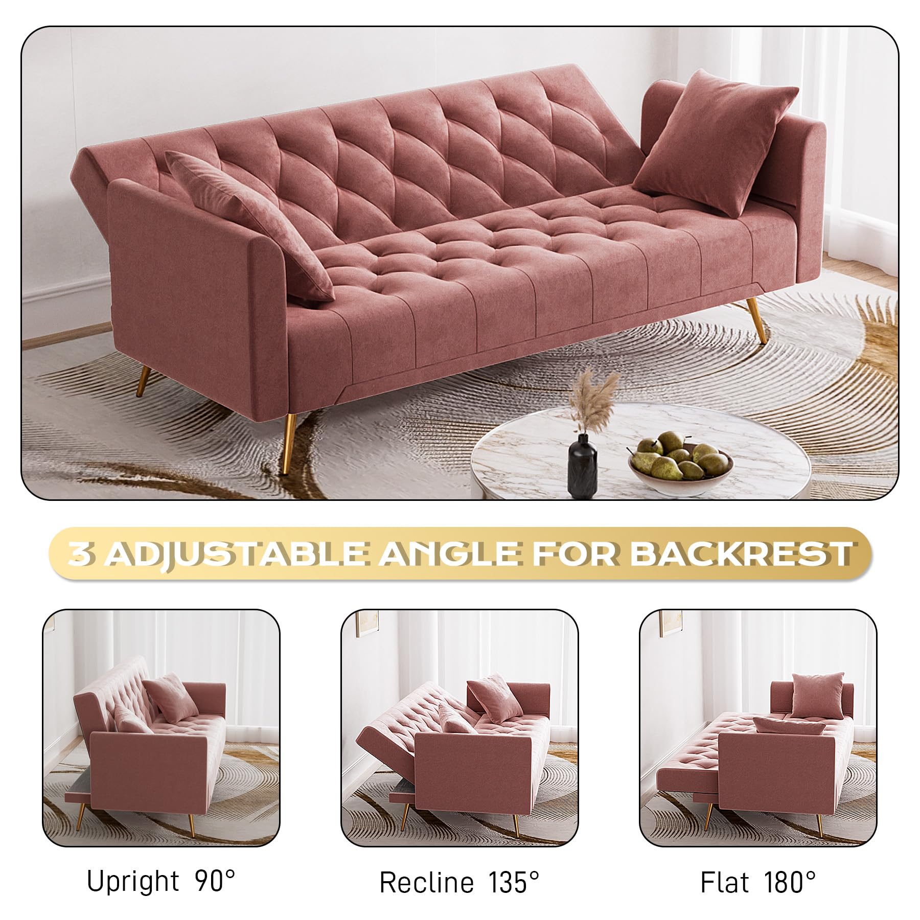 OUYESSIR 71" Velvet Futon Sofa Bed, Small Couch, Loveseat, Convertible Futon Sleeper Sofa with Folding Armrests and 2 Pillows, Modern Couch for Bedroom, Living Room (Rose Pink)