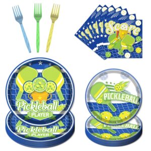 rakuto pickleball party plates supplies - 96pcs pickleball player themed disposable paper plates forks napkins tableware set pickleball sports baby shower birthday party decorations(24 guests)