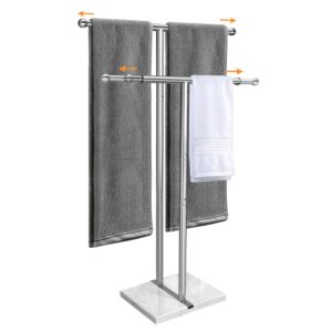 kayfia 40" standing towel rack with weighted marble base, width adjustable & taller bathroom towel rack stand, 2-tier towel racks for bathroom, multiple spaces stainless steel brushed finish