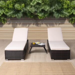 asifom set of 2 chairs and table, outdoor patio lawn garden lounge chairs, pe wicker chaise lounges, outside pool lounger wicker bed + coffee table, adjustable backrest rattan recliners with cushions