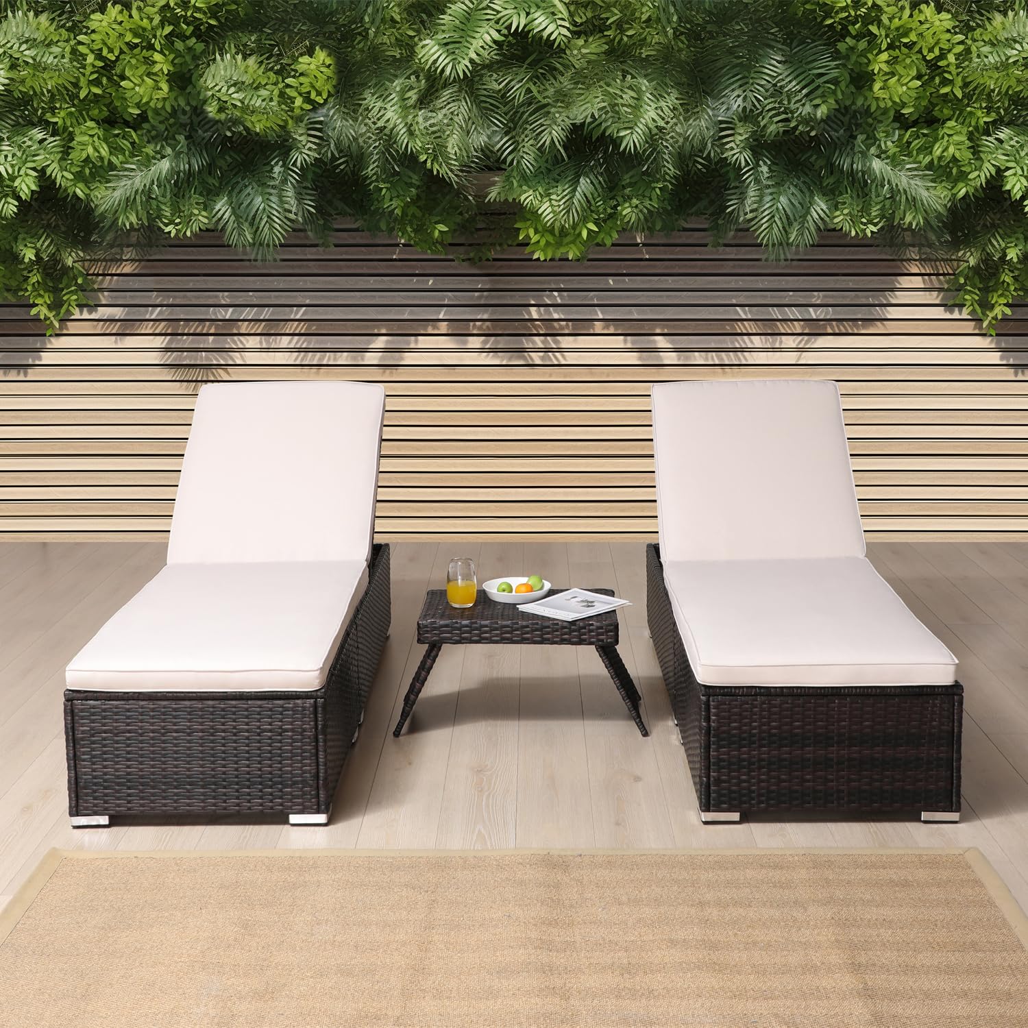 Asifom Set of 2 Chairs and Table, Outdoor Patio Lawn Garden Lounge Chairs, PE Wicker Chaise Lounges, Outside Pool Lounger Wicker Bed + Coffee Table, Adjustable Backrest Rattan Recliners with Cushions