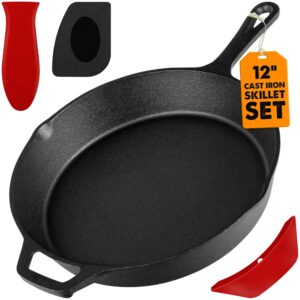 mejoy 12 inch cast iron skillet, heavy-duty cast iron pan set with handle cover & scraper, pre-seasoned saute fry oven safe cookware for home & outdoor cooking & frying on stove, grill & campfire