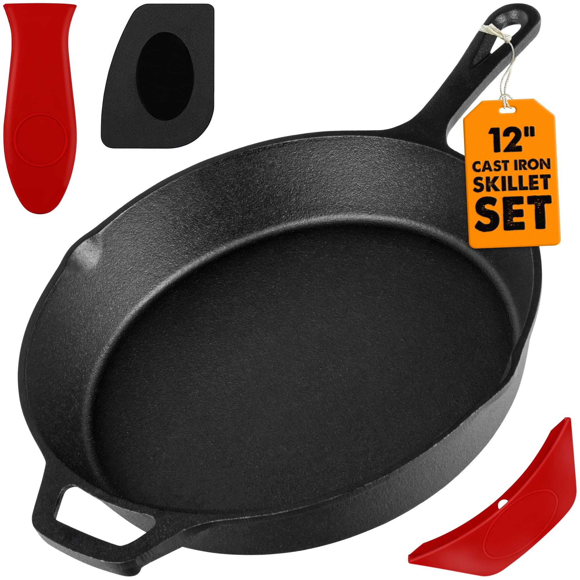 MeJOY 12 Inch Cast Iron Skillet, Heavy-Duty Cast Iron Pan Set With Handle Cover & Scraper, Pre-Seasoned Saute Fry Oven Safe Cookware For Home & Outdoor Cooking & Frying On Stove, Grill & Campfire