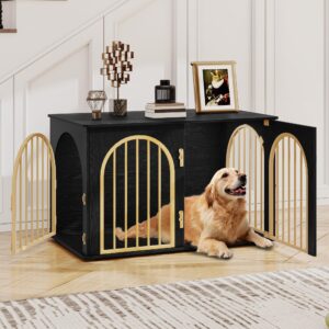 hzuaneri 39.4'' wooden dog crate furniture tv stand, indoor dog kennel for small/medium/large dogs, end side table dog crates, anti-chew, anti-escape, arched door design, black gold dfc84104a