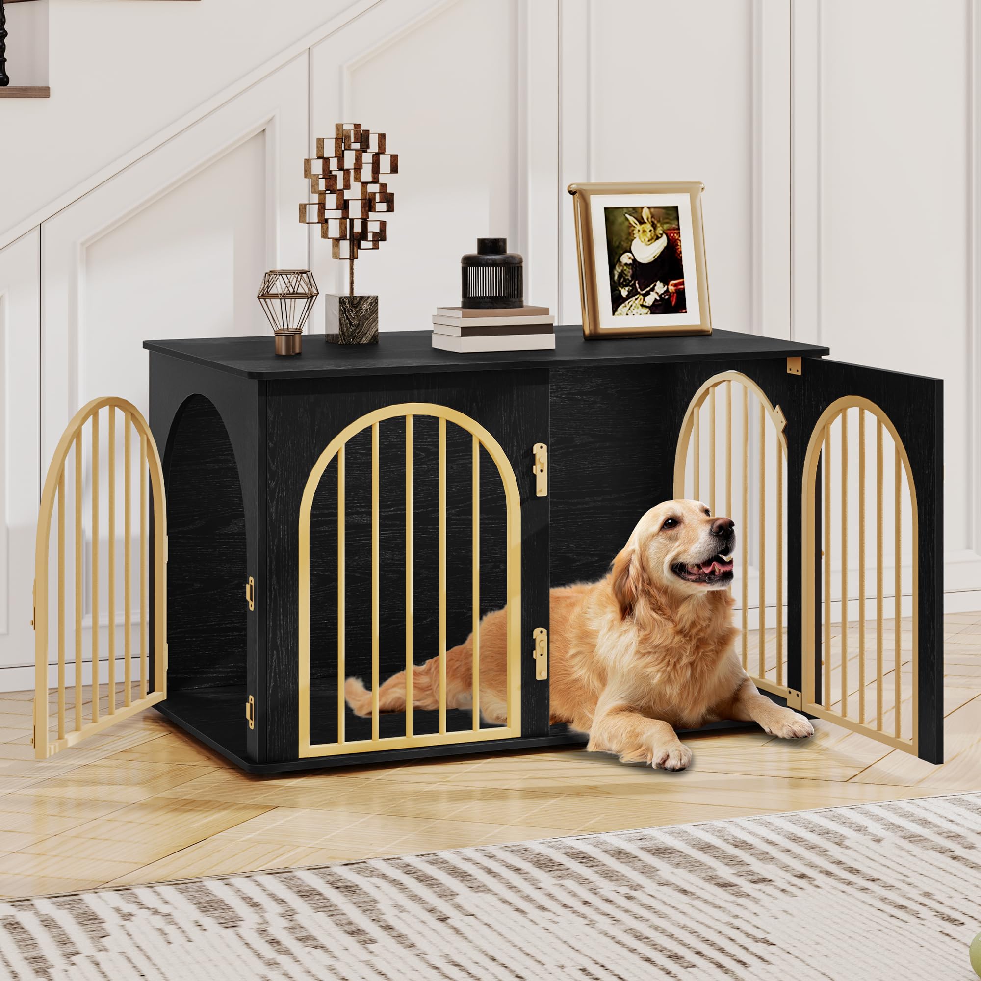 Hzuaneri 39.4'' Wooden Dog Crate Furniture TV Stand, Indoor Dog Kennel for Small/Medium/Large Dogs, End Side Table Dog Crates, Anti-Chew, Anti-Escape, Arched Door Design, Black Gold DFC84104A