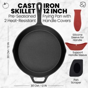 MeJOY 12 Inch Cast Iron Skillet, Heavy-Duty Cast Iron Pan Set With Handle Cover & Scraper, Pre-Seasoned Saute Fry Oven Safe Cookware For Home & Outdoor Cooking & Frying On Stove, Grill & Campfire