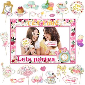 tea party decorations, floral lets partea photo booth frame with 20 pcs tea party photo booth props garden party decorations for women tea party theme bridal shower birthday party supplies