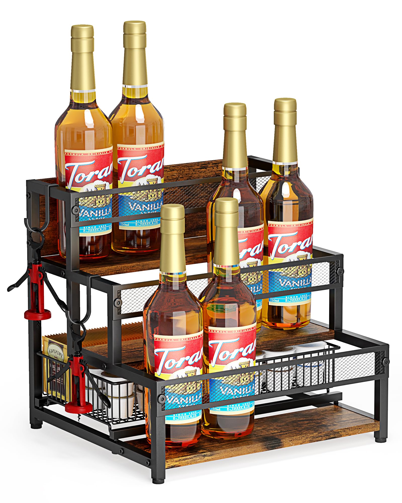 LOTEYIKE 3 Tier Coffee Syrup Rack Organizer, 12 Water Bottles Holder Stand Liquor Cabinet Storage Shelves, Wine Rack Countertop Storage Rack Coffee Bar Cabinet for Kitchen