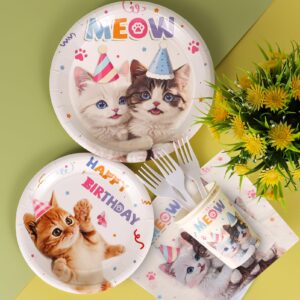 Atonofun Cat Party Plates, Cat Plates and Napkins Party Supplies, Disposable Plates, Cups, Napkins, Cutlery and Tablecloth for Cat Themed Birthday Party Decorations Serves 24