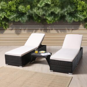 Asifom Set of 2 Chairs and Table, Outdoor Patio Lawn Garden Lounge Chairs, PE Wicker Chaise Lounges, Outside Pool Lounger Wicker Bed + Coffee Table, Adjustable Backrest Rattan Recliners with Cushions