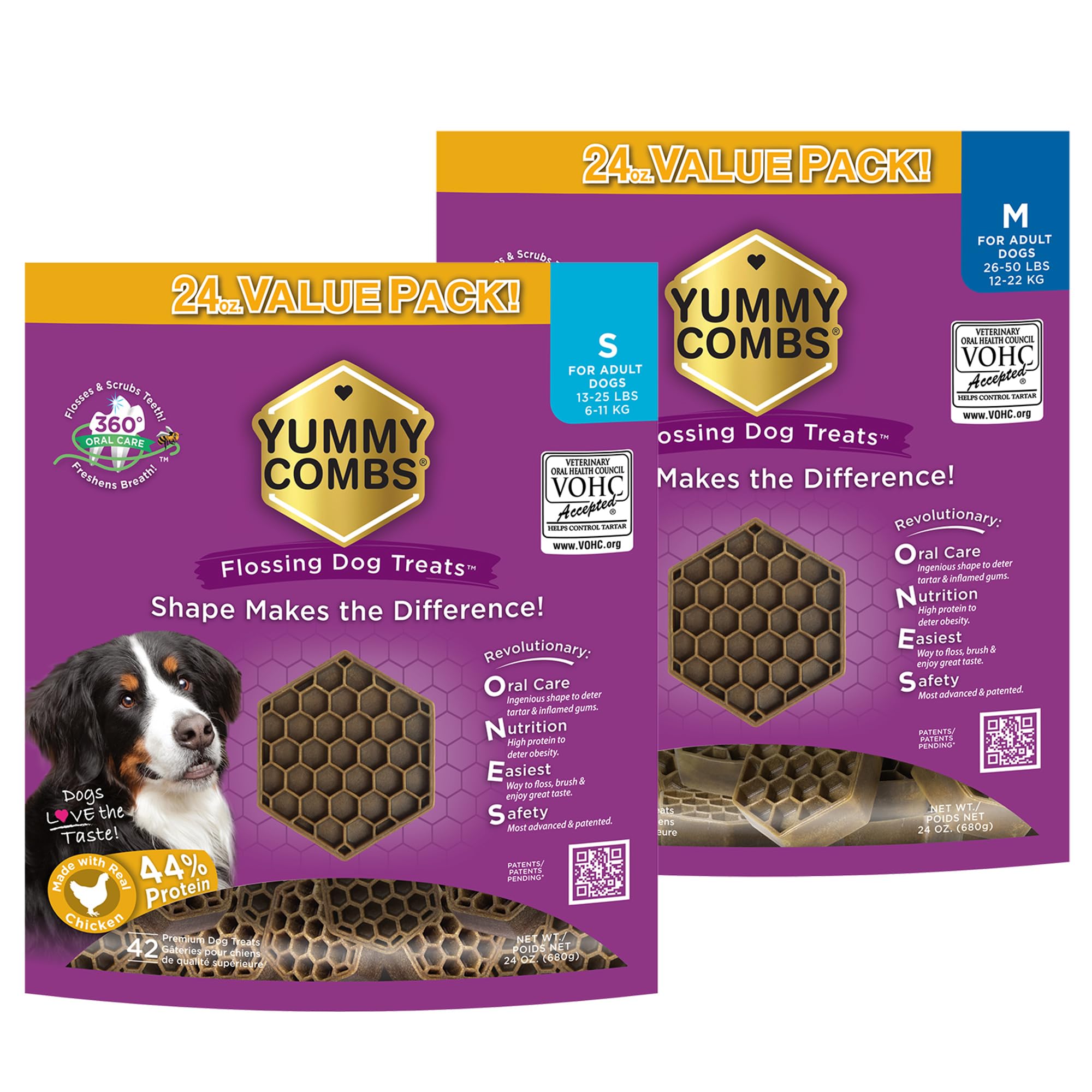 Yummy Combs - Dog Dental Treats | Removes Tartar - Vet VOHC Approved | A Yummy Treat for Teeth Cleaning - Chicken Protein | Small 24oz and Medium 24oz