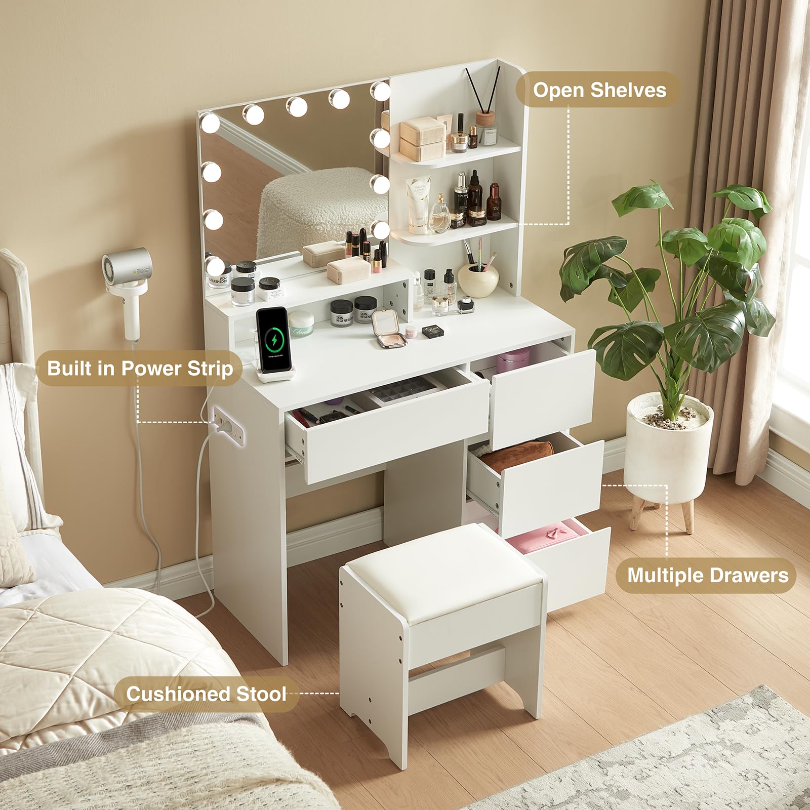 Alaxgumrol Makeup Vanity Desk with Mirror and Lights - Small Vanity Table Set with 4 Drawers, Power Outlet, USB Ports, Stool, Dressing Table with 3 Lighting Color Adjustable for Bedroom White