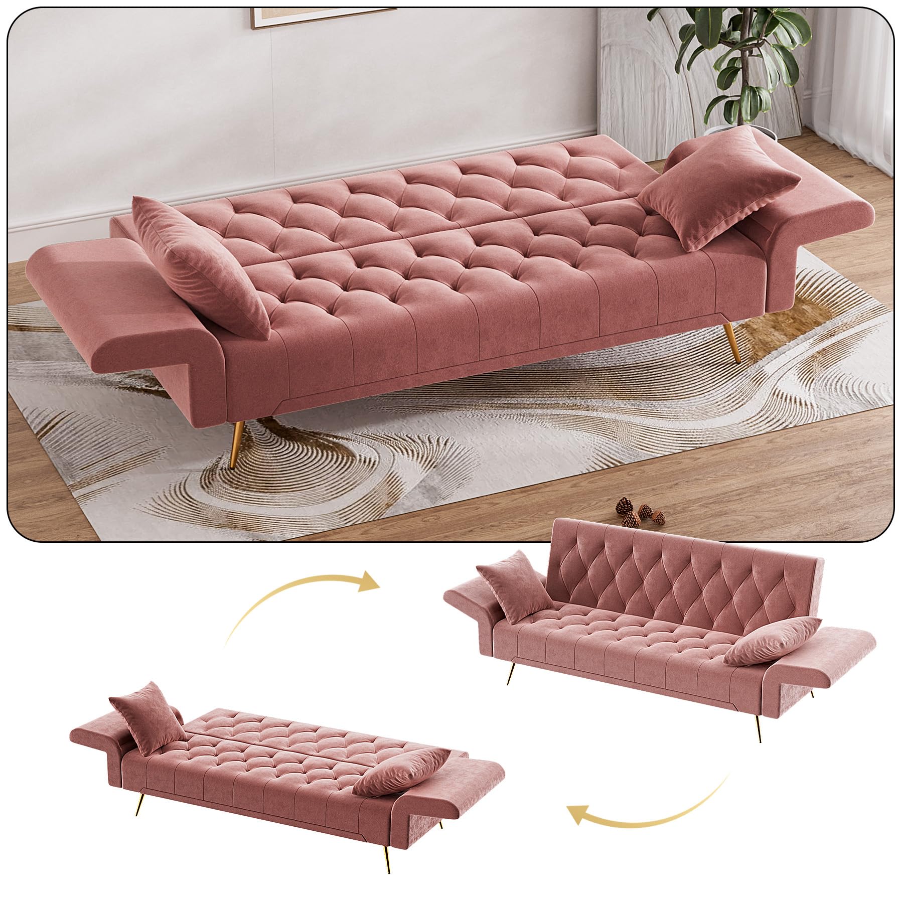 OUYESSIR 71" Velvet Futon Sofa Bed, Small Couch, Loveseat, Convertible Futon Sleeper Sofa with Folding Armrests and 2 Pillows, Modern Couch for Bedroom, Living Room (Rose Pink)