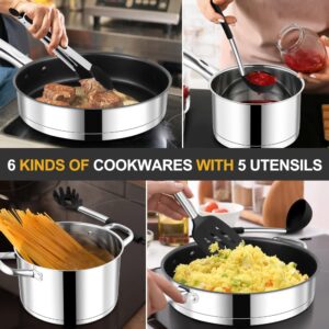 E-far 15-Piece Stainless Steel Cookware Set, 3-Ply Base Kitchen Pots and Pans Set, Non-toxic Induction Cooking Set Including Nonstick Frying Pan Saucepan, Oven & Dishwasher Safe, All Stoves Compatible