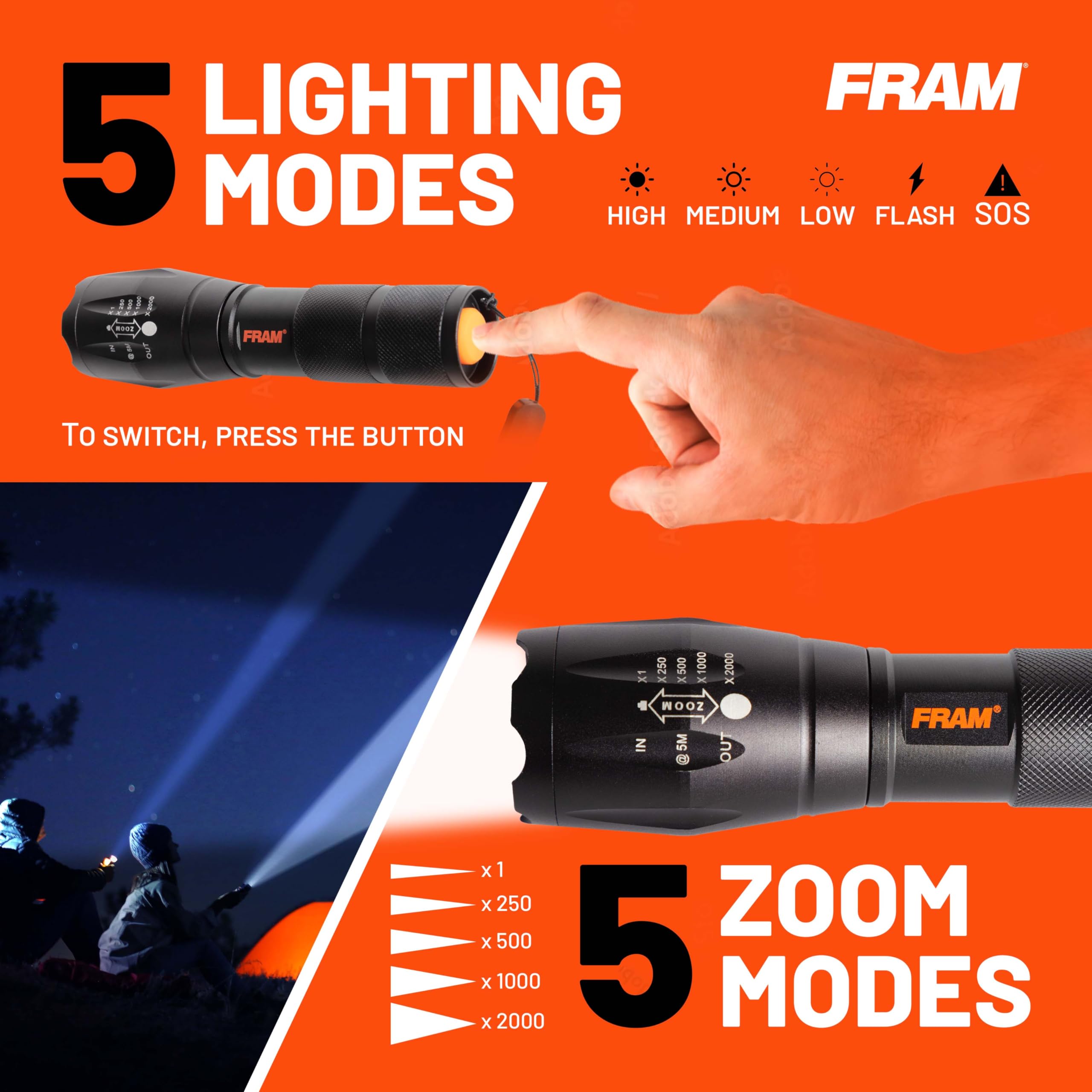 FRAM FAC40006 Handheld Flashlight, Portable and Convenient, Perfect for Camping Essentials, Survival Gear, Waterproof lamp.