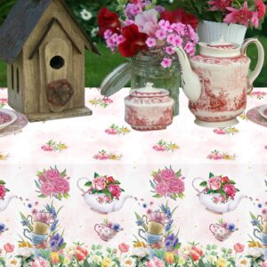 4 Pack Tea Party Decoration Floral Tea Party Tablecloth Tea Party Birthday Supplies 86” x 51” Rectangle Plastic Spring Disposable Floral tea party Table Cover Baby Shower Floral Birthday Decorations