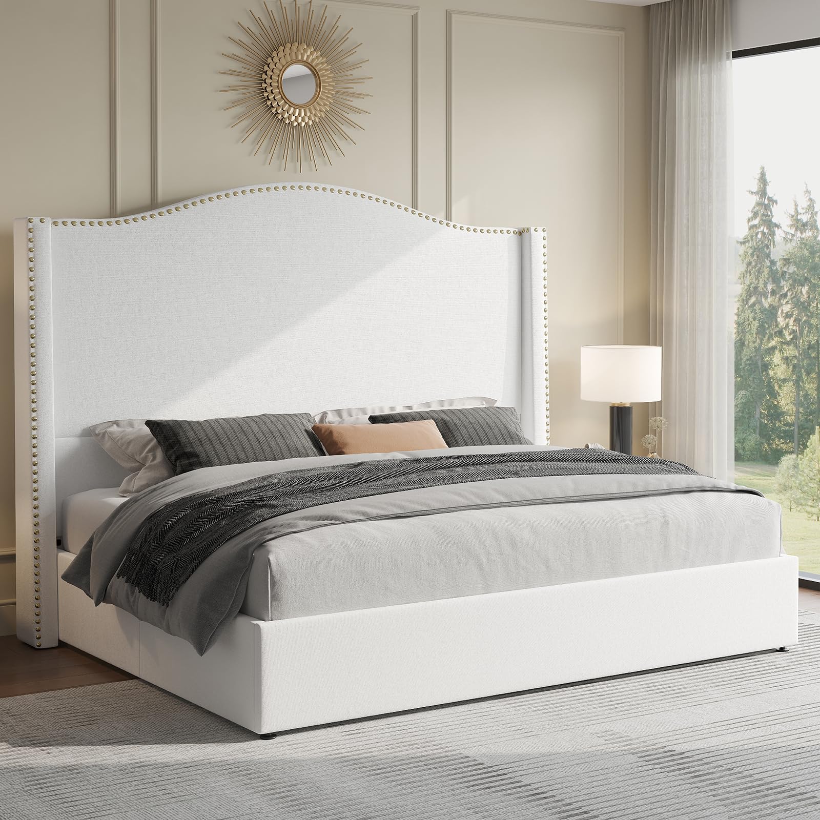 Jocisland Lift Up Storage Bed King Size, Upholstered Platform Bed Frame Tall Headboard with Wingback, Hydraulic Lifting Underneath/Wood Slats Support (White)