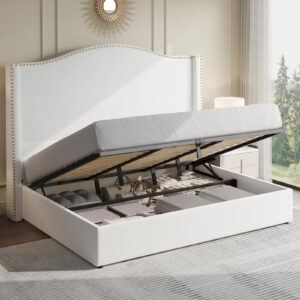 jocisland lift up storage bed king size, upholstered platform bed frame tall headboard with wingback, hydraulic lifting underneath/wood slats support (white)