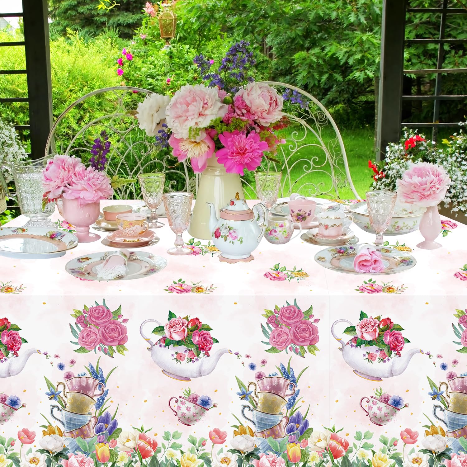 4 Pack Tea Party Decoration Floral Tea Party Tablecloth Tea Party Birthday Supplies 86” x 51” Rectangle Plastic Spring Disposable Floral tea party Table Cover Baby Shower Floral Birthday Decorations