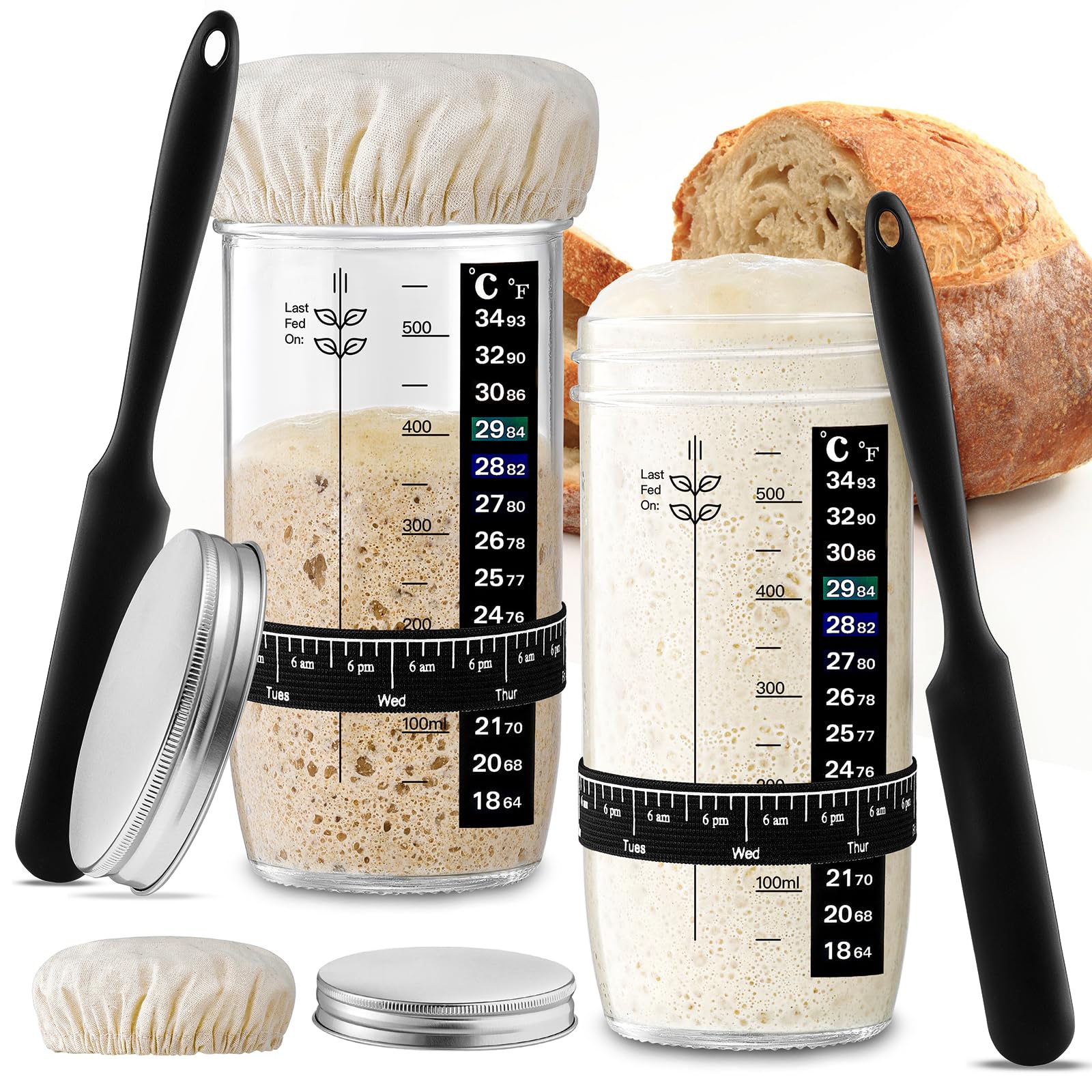 Glass Sourdough Starter Jar 2 Pack, 24 oz Wide Mouth Organic Sourdough Starter Kit with Date Marked Band, Thermometer, Cloth Cover & Metal Lid, Reusable Bread Baking Supplies, Bread Making Accessories