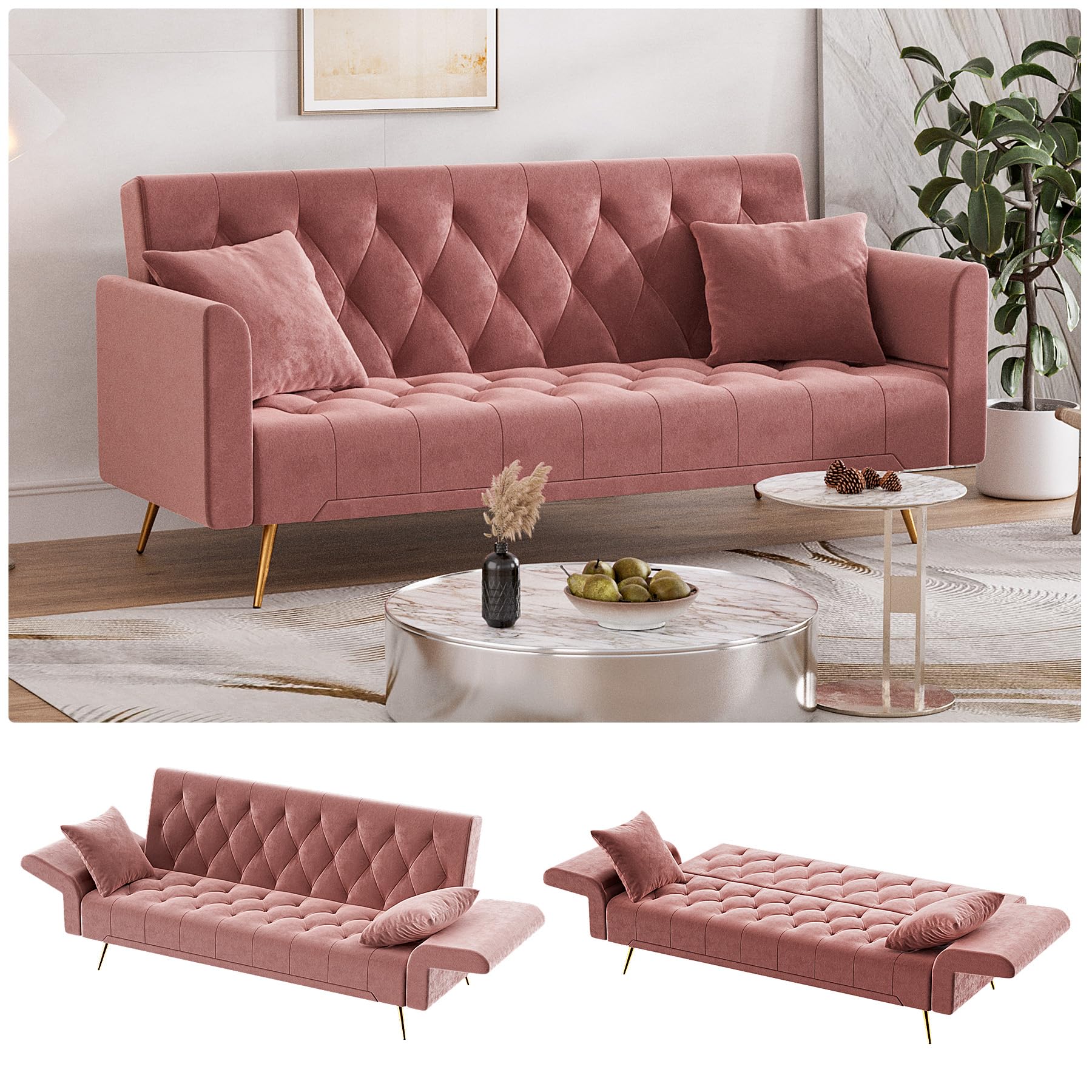 OUYESSIR 71" Velvet Futon Sofa Bed, Small Couch, Loveseat, Convertible Futon Sleeper Sofa with Folding Armrests and 2 Pillows, Modern Couch for Bedroom, Living Room (Rose Pink)