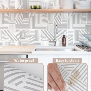 Tomete Gray and White Wallpaper Geometric Wallpaper Peel and Stick Wallpaper Boho Modern Geometric Contact Paper for Cabinets Removable Line Bathroom Wallpaper Waterproof Self-Adhesive17.3”×393”