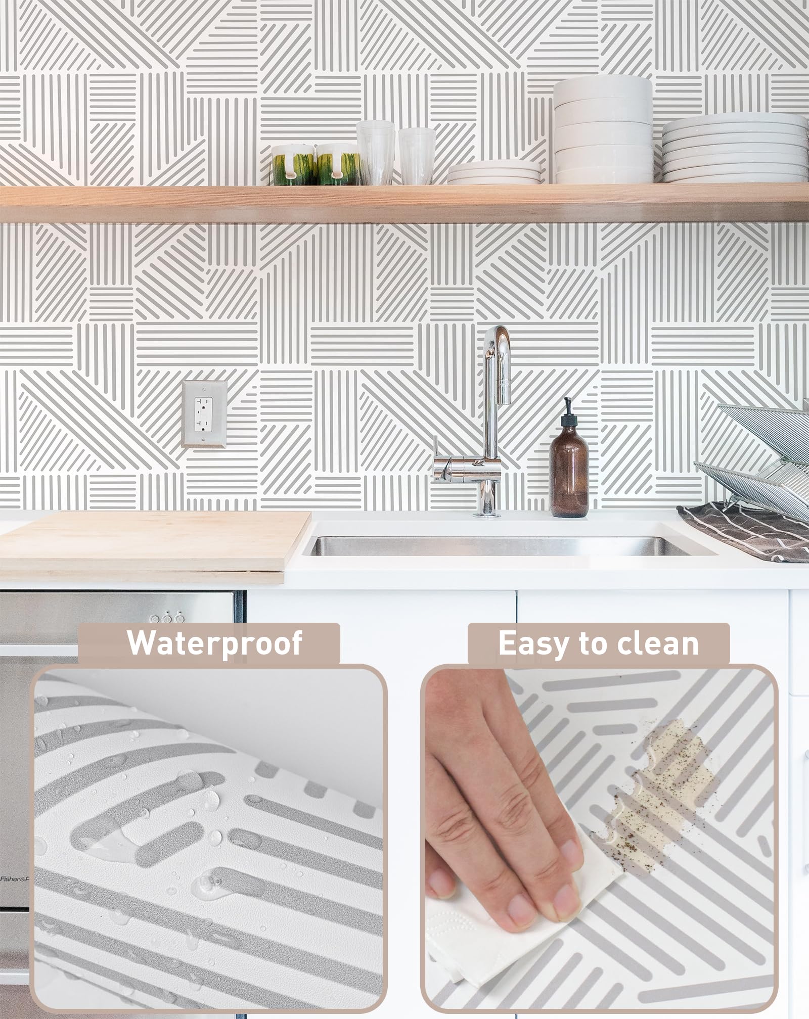 Tomete Gray and White Wallpaper Geometric Wallpaper Peel and Stick Wallpaper Boho Modern Geometric Contact Paper for Cabinets Removable Line Bathroom Wallpaper Waterproof Self-Adhesive17.3”×393”