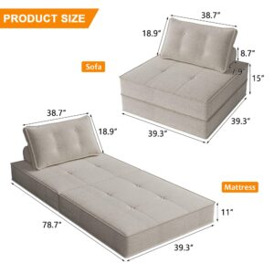 SKKTKT Folding Sofa Bed with Back Support, Large Convertible Sleeper Chair Floor Couch with Pillow, Foldable Mattress Portable Chair Bed Floor Sofa Lounge for Living Room Bedroom Apartment (Beige)