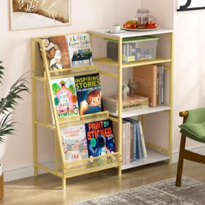 threehio vintage bookshelf, wooden kids bookshelf with 3-tier ladder book display rack, small book shelf library bookcase storage organizer, short wide small bookshelf bookcase for homeoffice