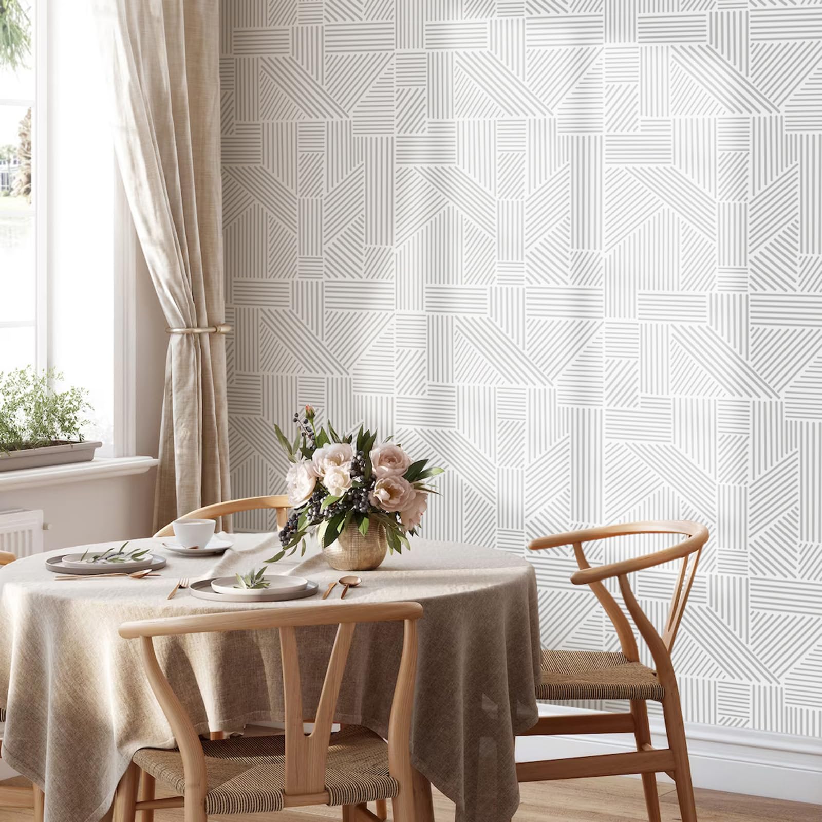 Tomete Gray and White Wallpaper Geometric Wallpaper Peel and Stick Wallpaper Boho Modern Geometric Contact Paper for Cabinets Removable Line Bathroom Wallpaper Waterproof Self-Adhesive17.3”×393”