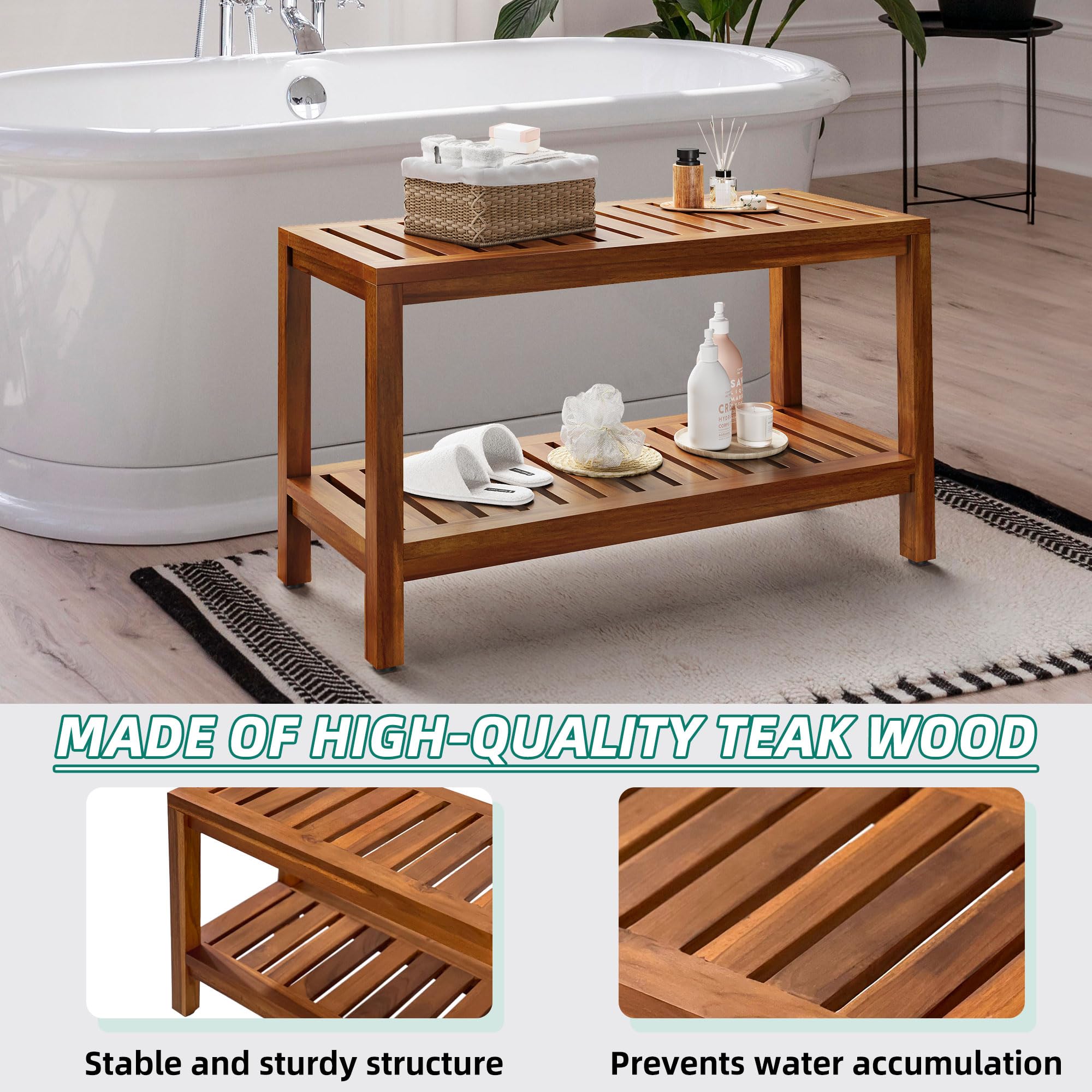 YITAHOME Teak Shower Bench with Storage Shelf, 36" Wooden Shower Stool for Inside Shower, Shower Stool Seat with Non-Slip Levelers for Bathroom, Living Room, Indoor and Outdoor Use