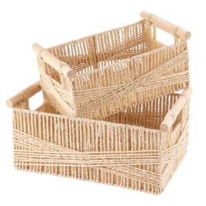 HNFNGSZL Wicker Storage Basket, Hand-Woven Baskets for Organizing, Recyclable Paper Rope Basket with Wood Handles, Decorative Basket Organizers for Makeup Books Shelves Living Room, Beige, Set of 2