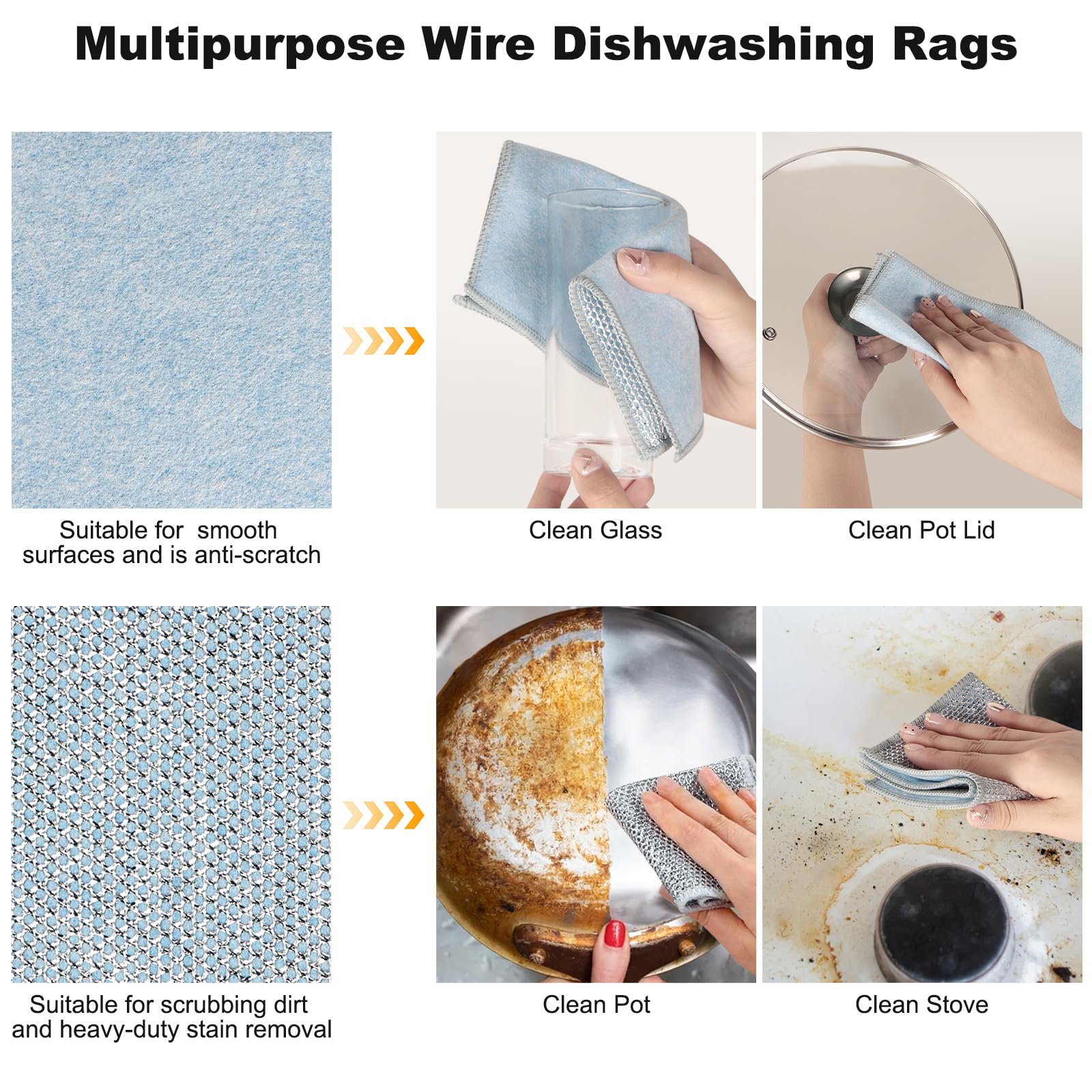 Jeymei 10pcs Non Scratch Wire Dishcloth Multipurpose Wire Dishwashing Rag for Wet and Dry,Metal Scrubbers for Cleaning Dishes,Dual-Sided Kitchen Cleaning Cloth with Mesh,Cleaning Tool for Pot, Blue