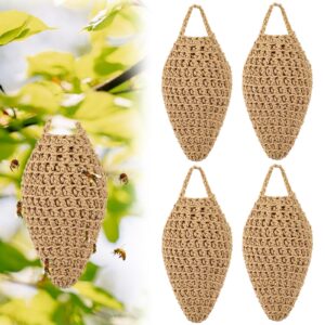 gjl 4 pack crochet wasp nest decoys, faux wasp nest deterrent for outdoor hanging for wasps hornets, hornets nest decoy decoration for patio and eaves