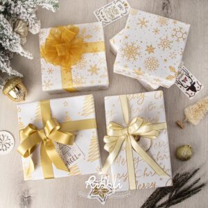 Ribbli White Gold Merry Christmas Wrapping Paper Rolls Snowflake Merry Christmas Tree Pattern with Glitter Gold Mini Roll-17 Inch x 10 Feet Per roll