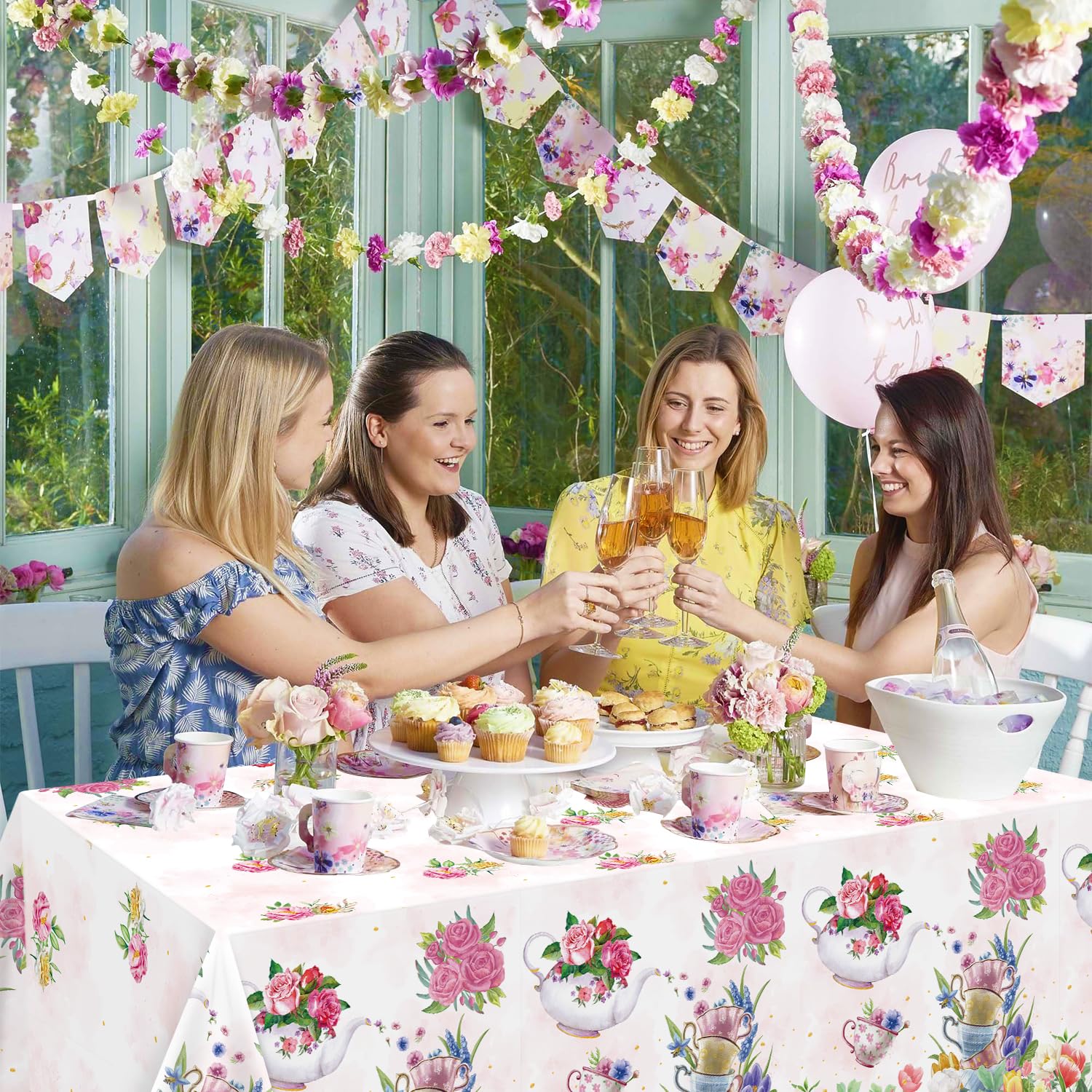 4 Pack Tea Party Decoration Floral Tea Party Tablecloth Tea Party Birthday Supplies 86” x 51” Rectangle Plastic Spring Disposable Floral tea party Table Cover Baby Shower Floral Birthday Decorations