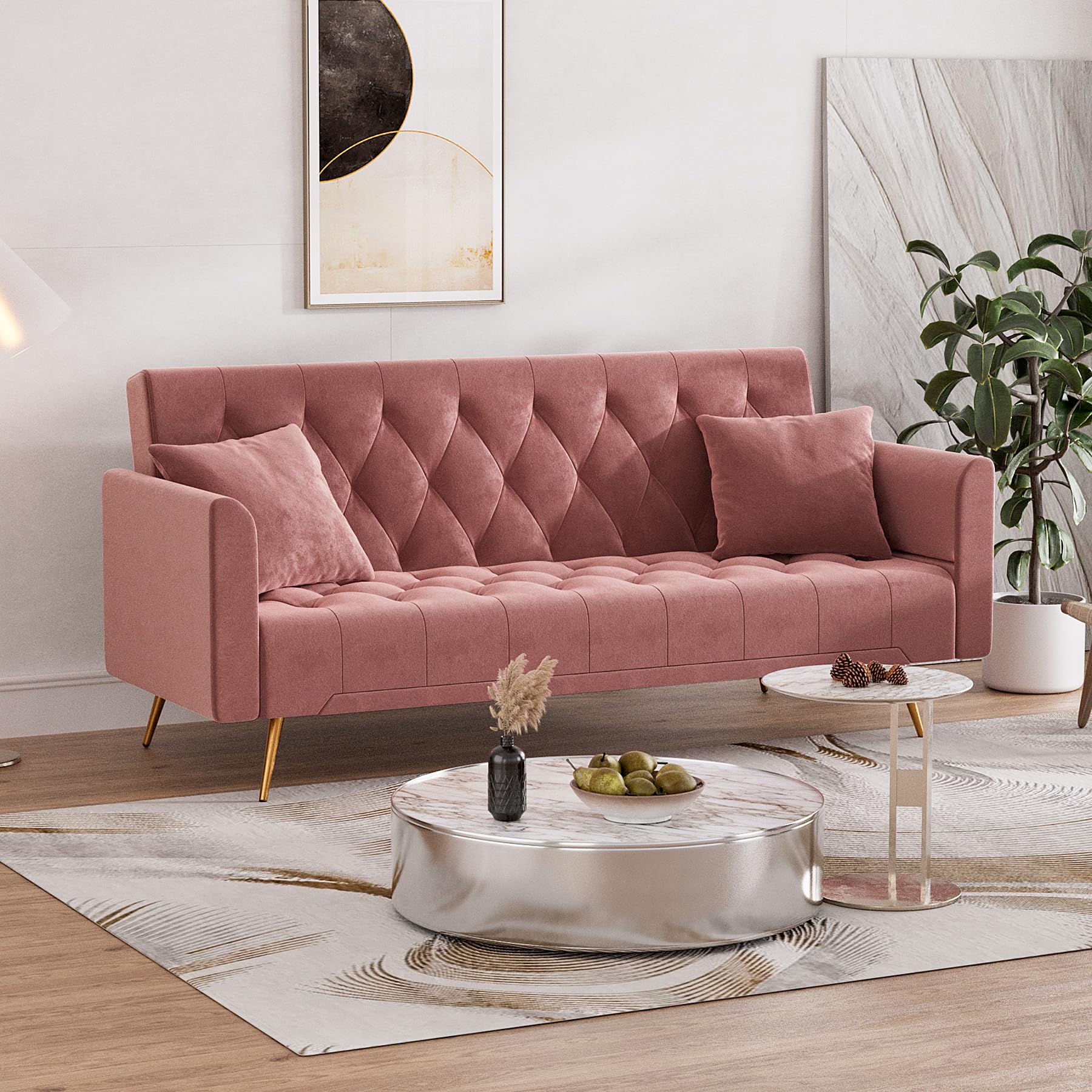 OUYESSIR 71" Velvet Futon Sofa Bed, Small Couch, Loveseat, Convertible Futon Sleeper Sofa with Folding Armrests and 2 Pillows, Modern Couch for Bedroom, Living Room (Rose Pink)