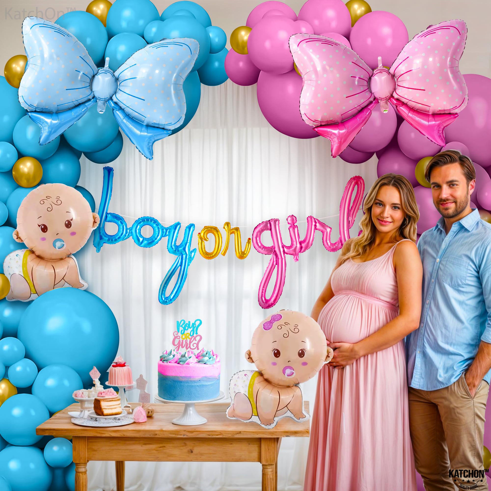 KatchOn, Gender Reveal Balloon Arch Kit - Pack of 70 | Pink and Blue Balloons for Gender Reveal Decorations | Baby Balloons, Bow Balloons | Boy or Girl Balloon, Boy or Girl Gender Reveal Decorations